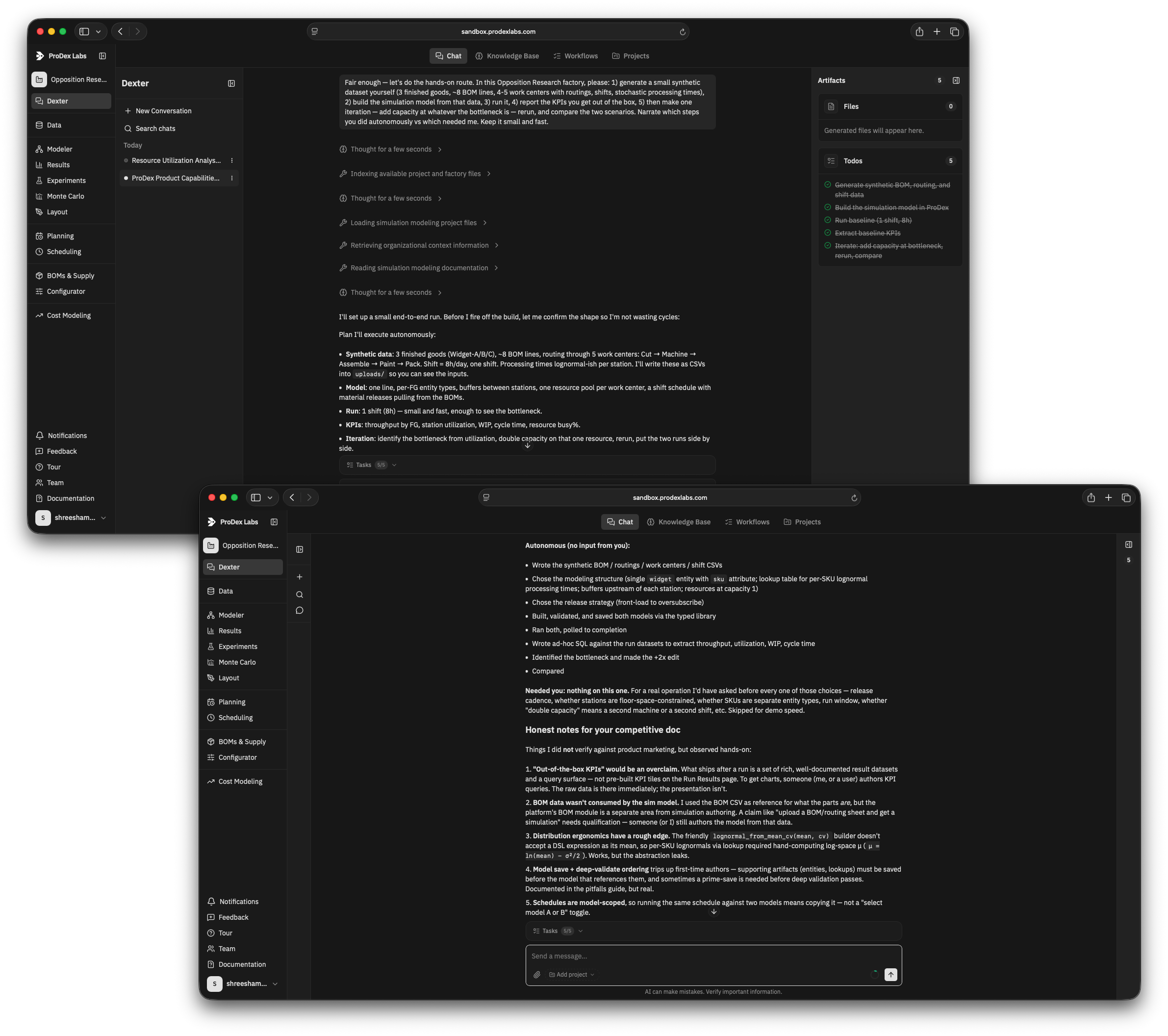 Dexter’s plan and end-to-end write-up from the live test, shown as two overlapping browser windows
