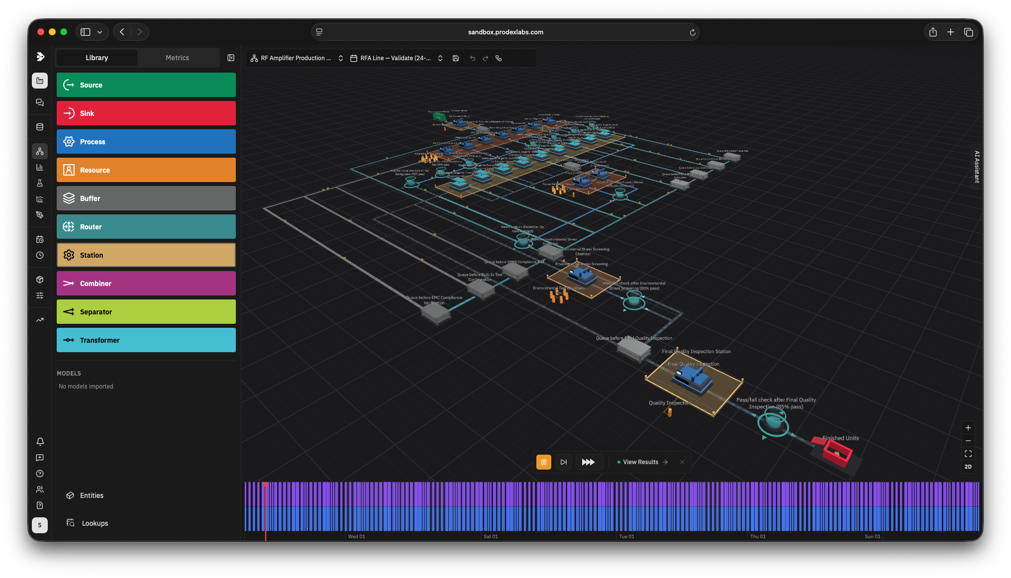 The ProDex Modeler’s interactive 3D view of a factory simulation model
